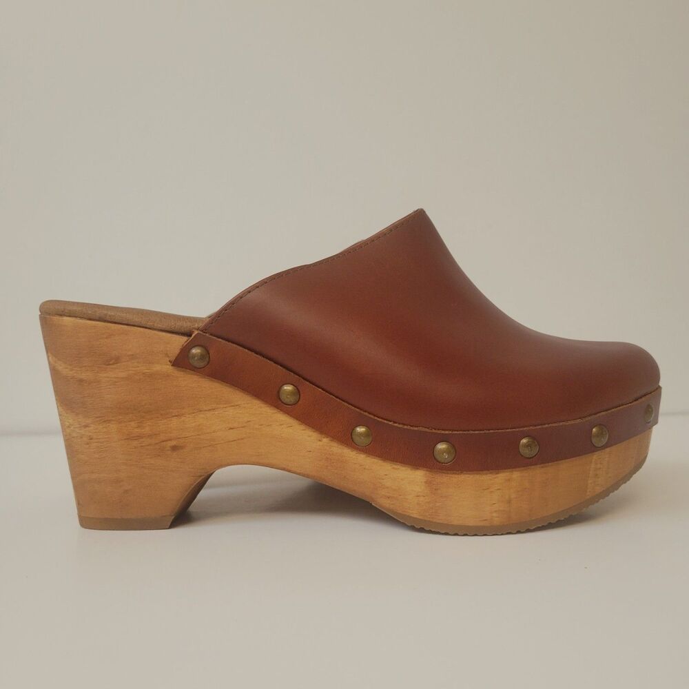 NWOT Five Words Brown Leather Wooden Platform Heel Studded Clogs Size 8 - Picture 4 of 12